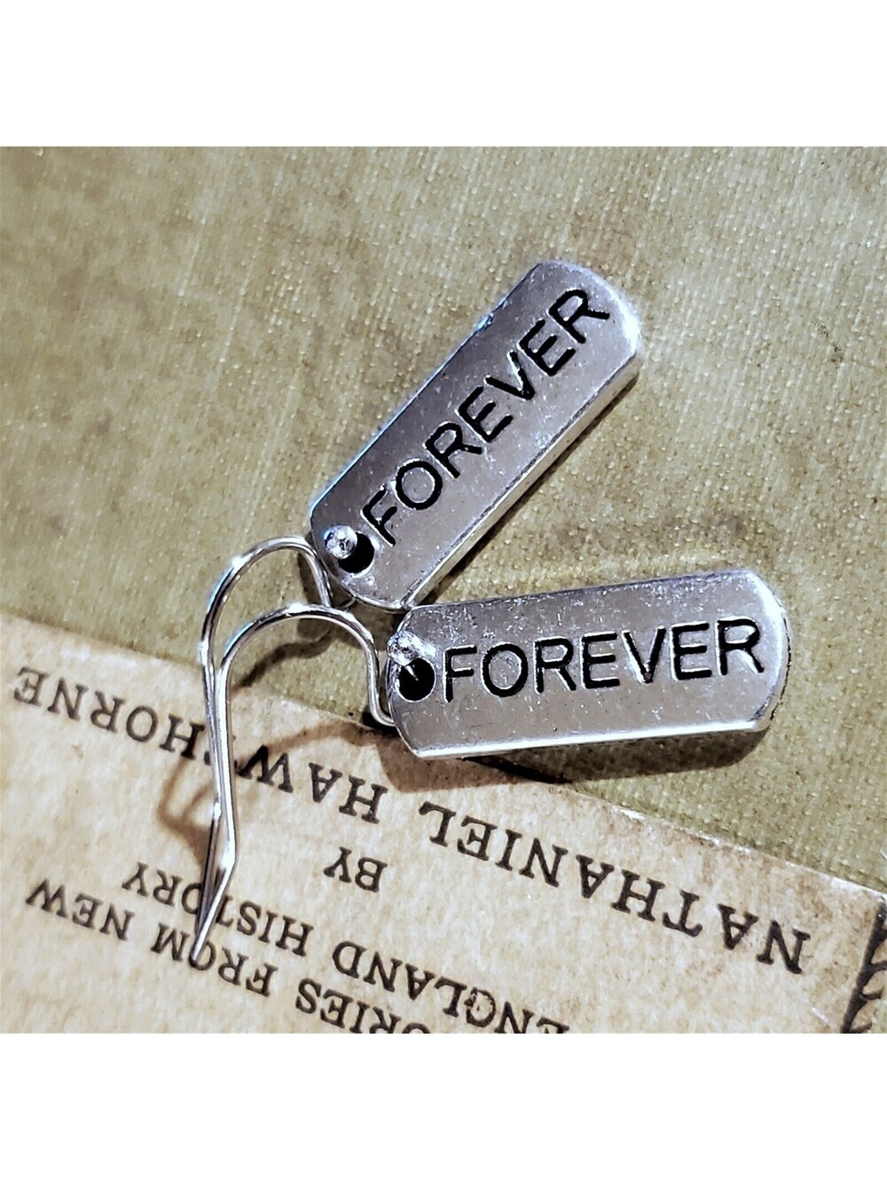 Handcrafted Forever Inspirational Word Message Carved Silver Black Earrings